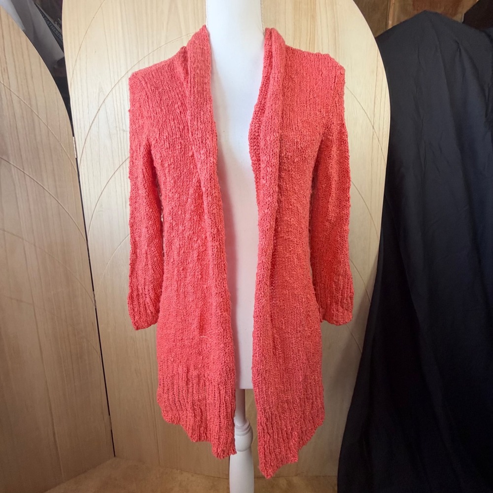 Fever Cardigan Women Large Coral Pink Popcorn Knit Open Front Shawl Collar Long
